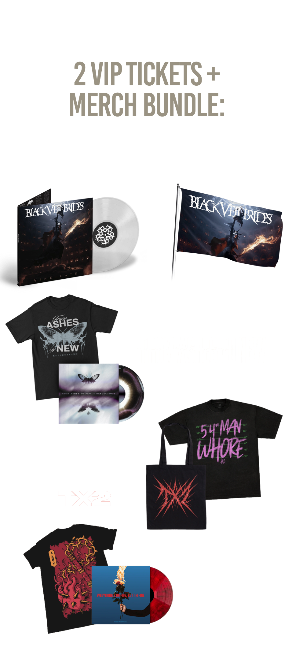 Prizes: 2 VIP tickets for a concert of your choosing from the Black Veil Brides North American Tour 2026 + a merch bundle from each of the 4 bands with 2 items each